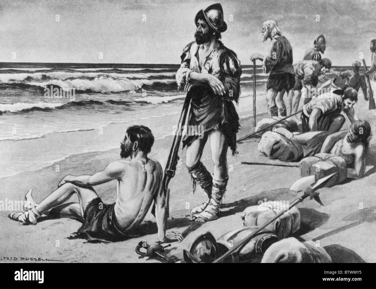 PANFILO DE NARVAEZ c 1470-1528) Spanish soldier and explorer with some of his crew stranded on the coast of Florida Stock Photo