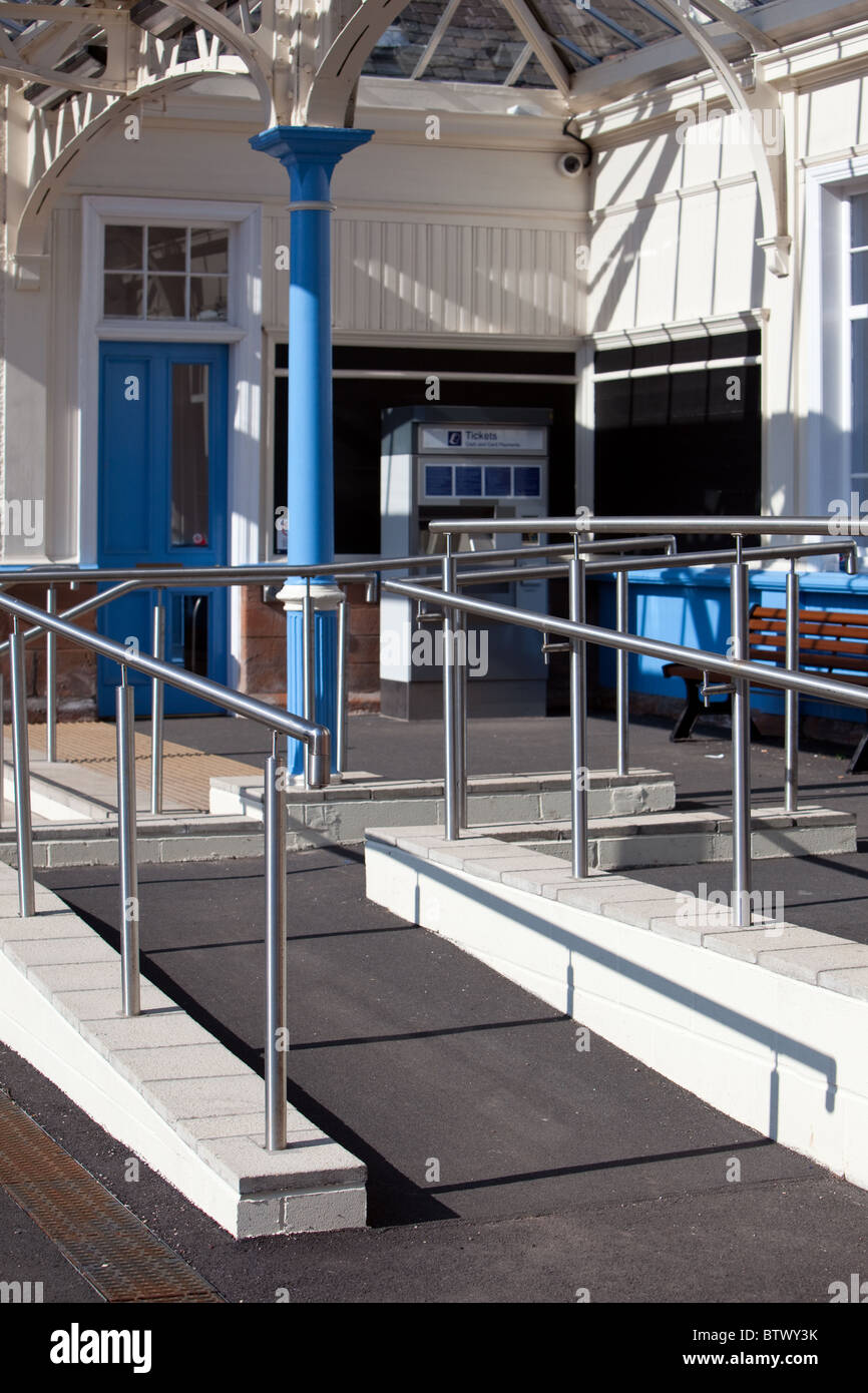 ramp access to the railway station platform. Scotland. Refurbished and modernized railway station UK Stock Photo