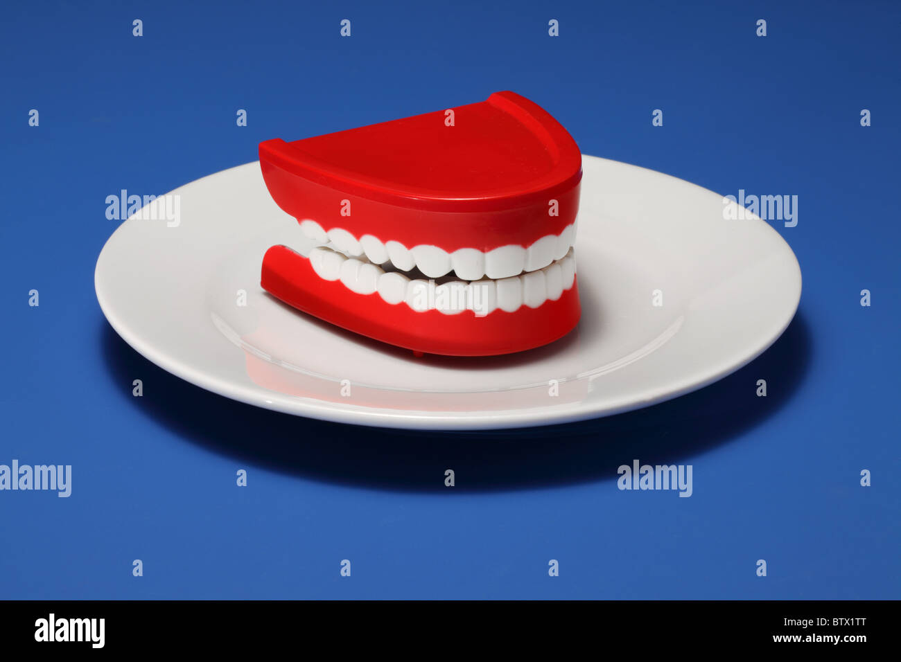 One set of plastic gums and teeth on a white dinner plate Stock Photo