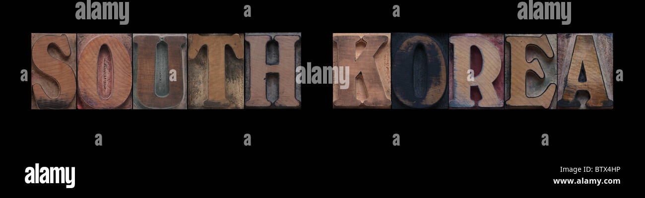 the words South Korea in old letterpress wood type Stock Photo