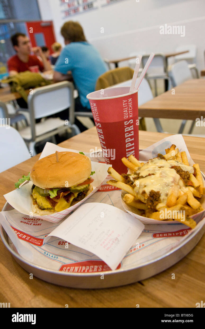 Burger and Sloppy Joe Fries at Schnipper's Quality Kitchen Stock Photo