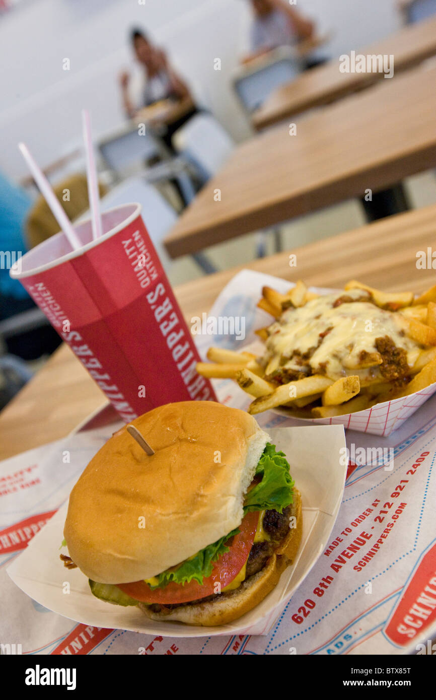 Burger and Sloppy Joe Fries at Schnipper's Quality Kitchen Stock Photo