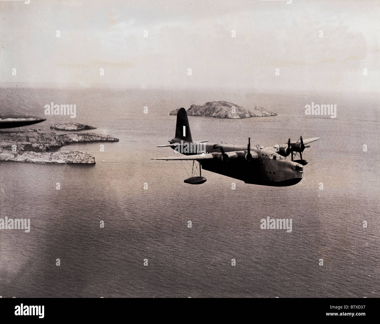 RAF Sunderland Flying Boat over the Isles of Greece Stock Photo