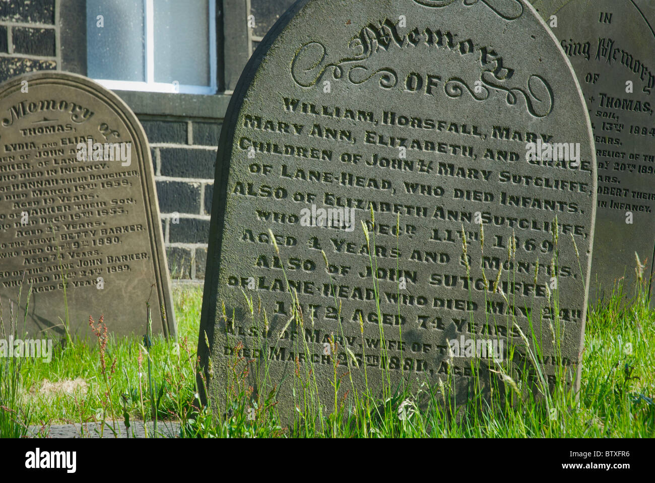 Gravestones at Blackshawhead Chapel, Calderdale, West Yorkshire, England UK Stock Photo