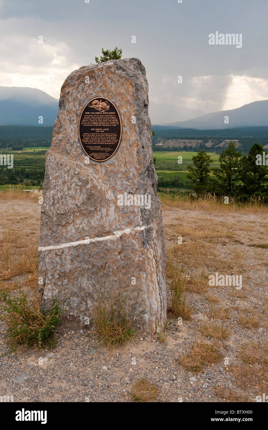 Monument to Ian Jack at viewpoint of Columbia Wetlands on British Columbia Highway 95 north of Invermere. Stock Photo