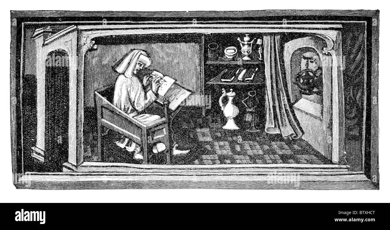 John Lydgate, Monk of Bury St Edmunds at his writing desk; 15th century; Black and White Illustration; Stock Photo