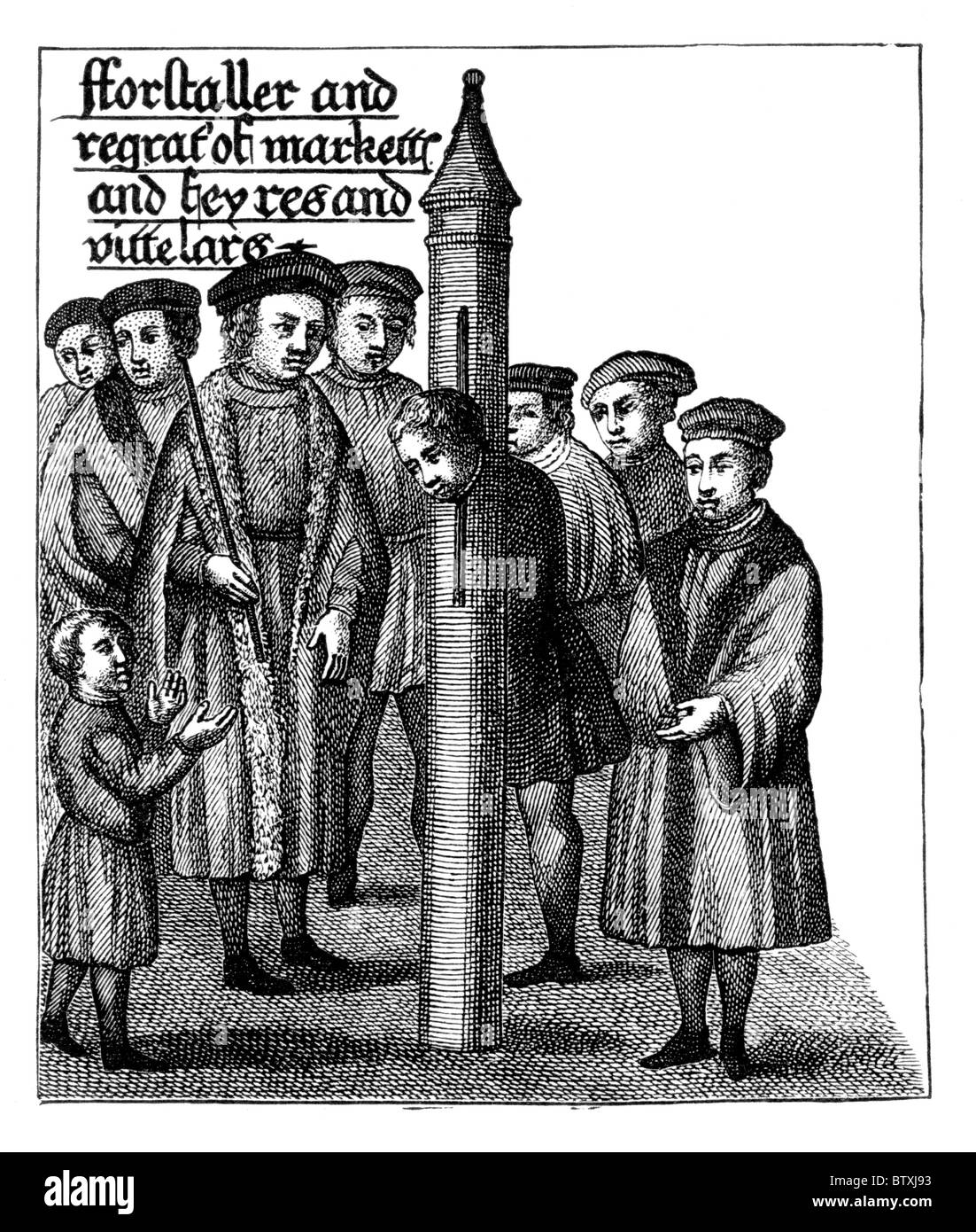 A forestaller in the pillory, circa 1497; Black and White Illustration; Stock Photo