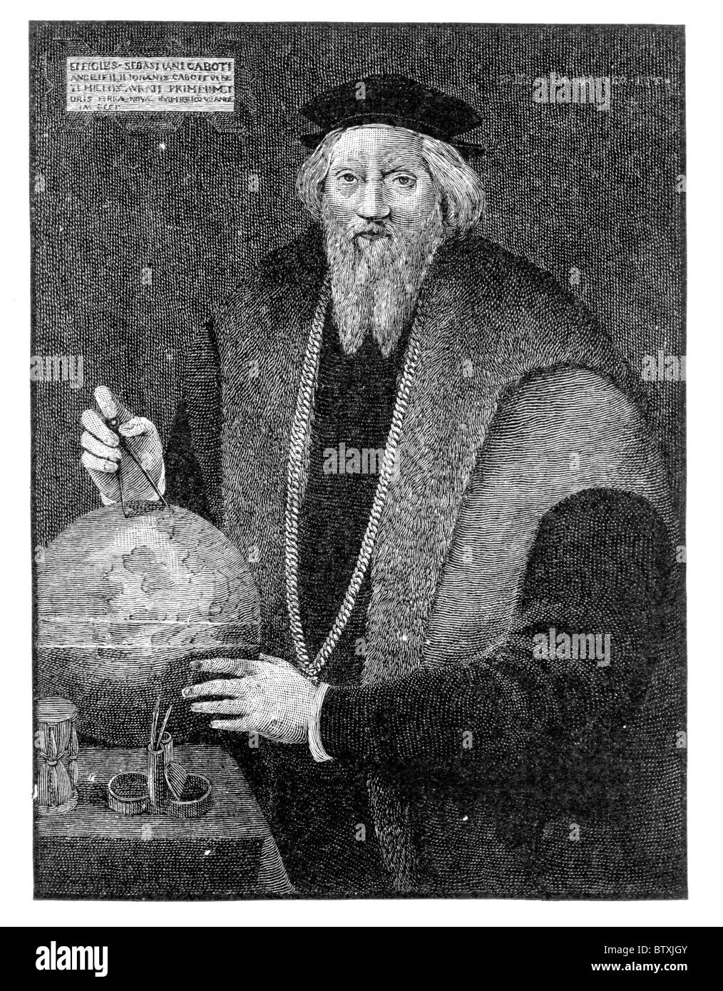 Portrait of Sebastian Cabot of Bristol, explorer, son of John Cabot; Black and White Illustration; Stock Photo