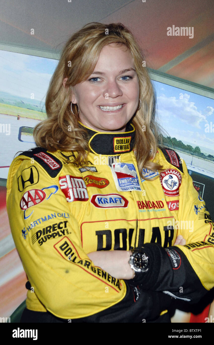 Indy 500 Driver Sarah Fisher Autograph Signing to Promote SimCraft Car-Racing Simulators at CES Stock Photo