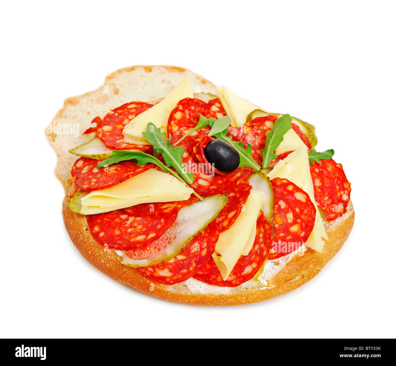 Salami Sandwich with Cheese and Garnish, Close Up. Stock Photo