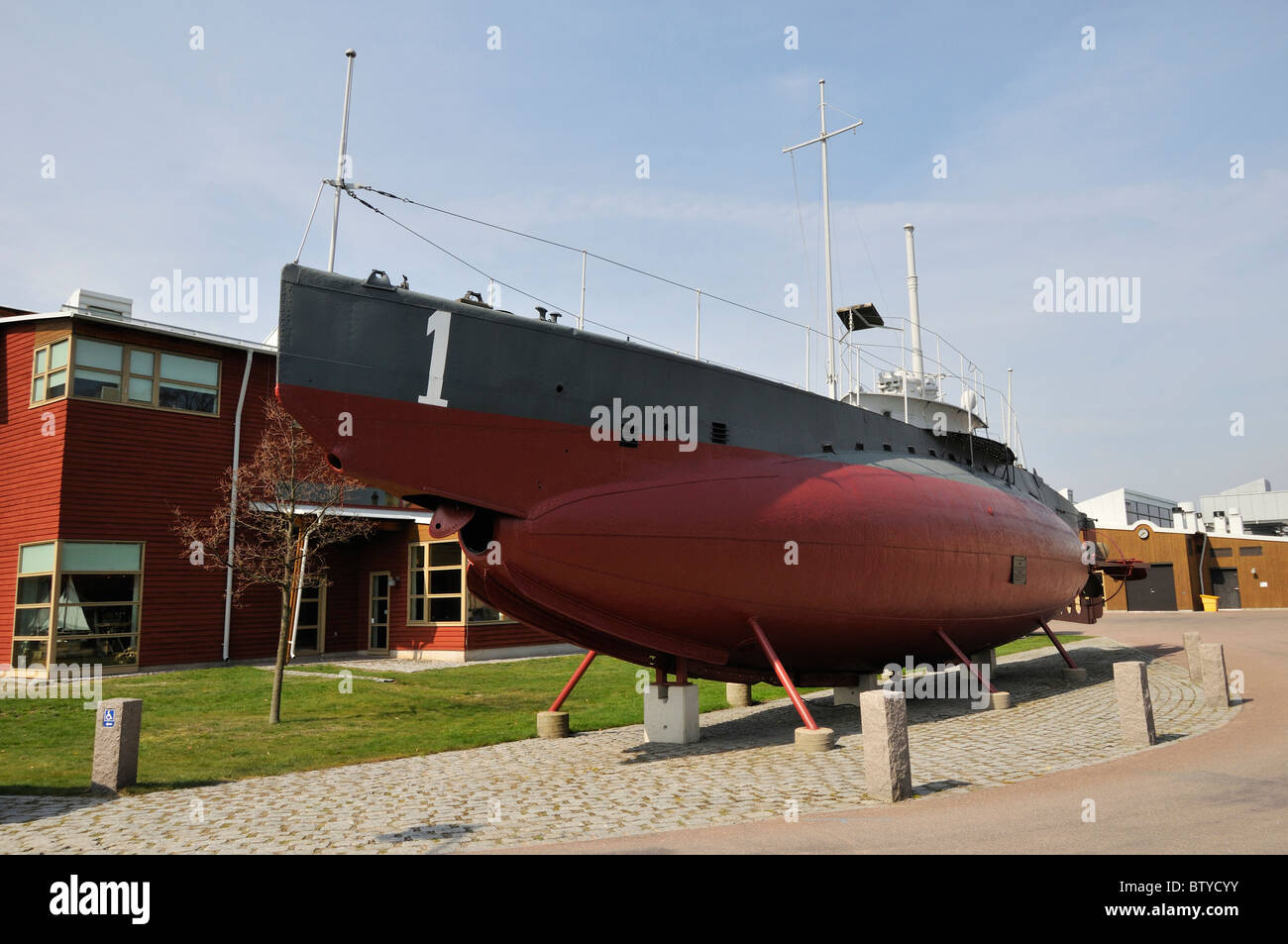 The first Royal Swedish Navy submarine HMS Hajen in the Naval Museum in Karlskrona, Blekinge Lan, Sweden Stock Photo
