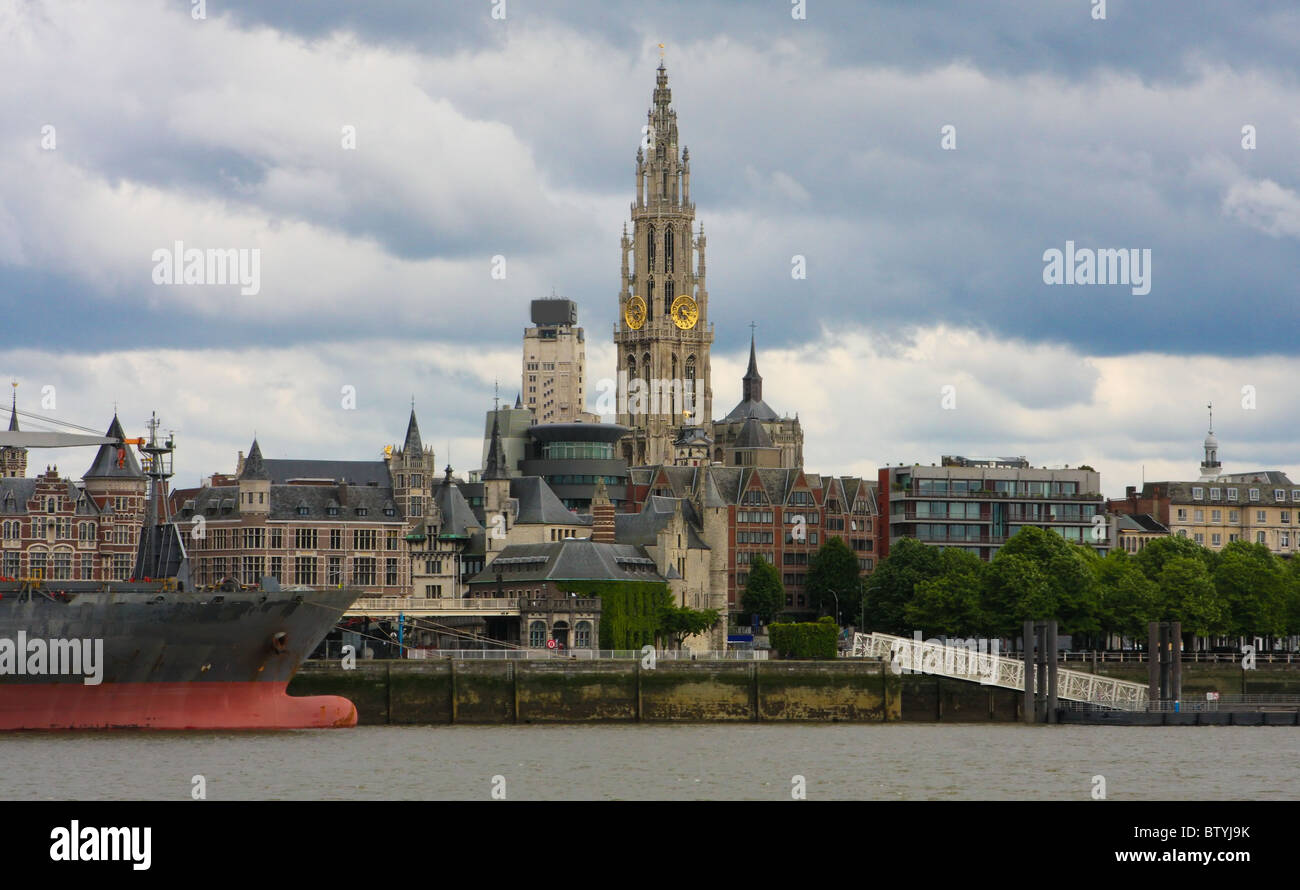 Skyline of Antwerp with the Cathedral of Our Lady at the Scheldt river Stock Photo