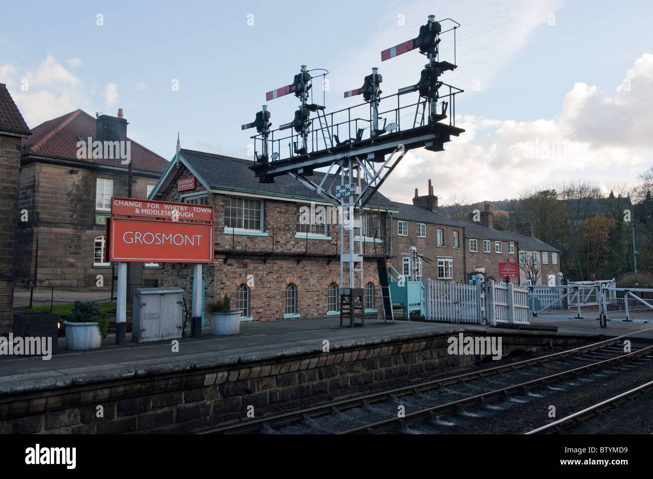 Railway signals at Grosmont Station near Whitby North Yorkshire. Stock Photo
