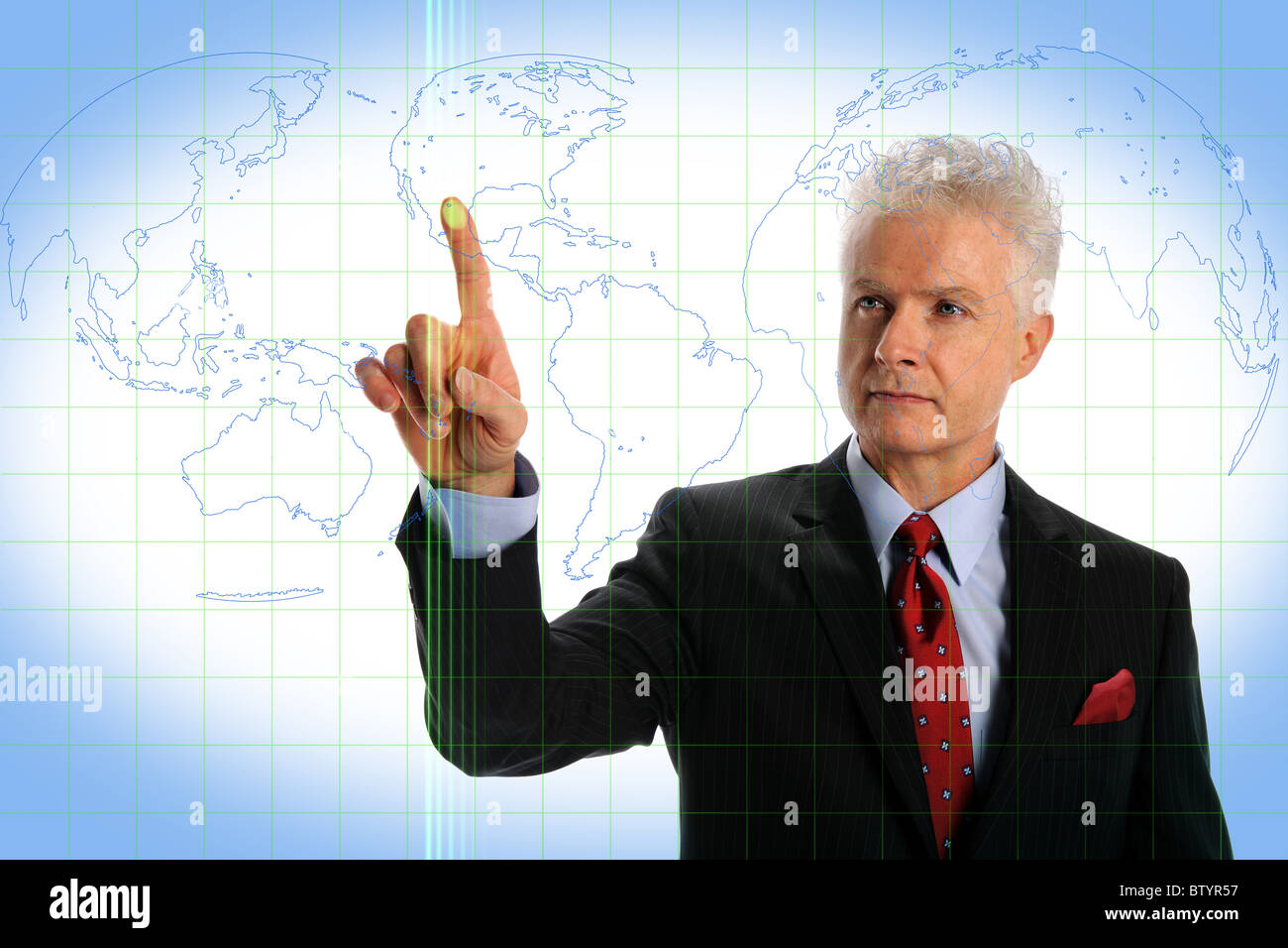 Mature businessman using touch screen interface with world map Stock ...