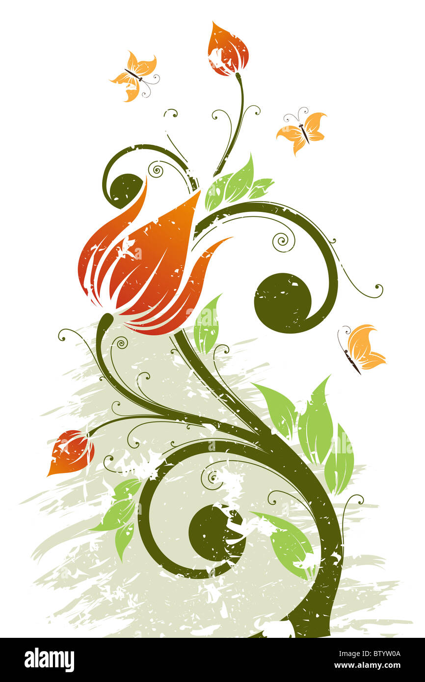 Abstract grunge Flower tree with Butterfly. Vector illustration Stock ...