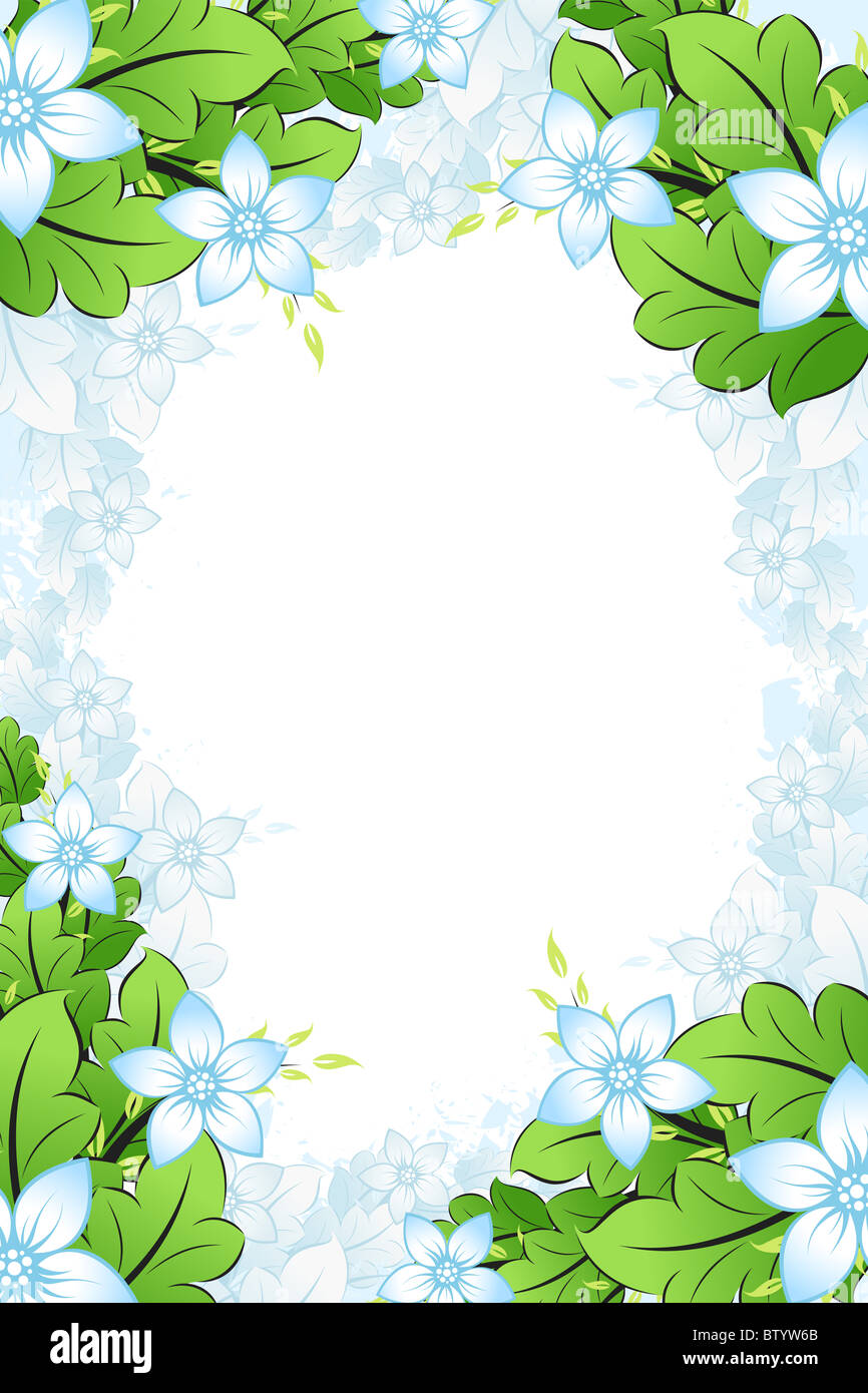 Blue Vector spring flowers frame with leaves Stock Photo - Alamy