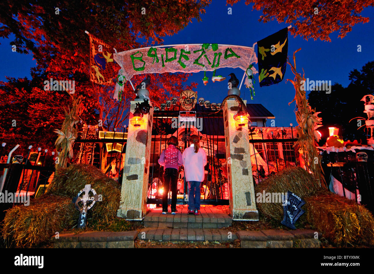 Children Looking at House Decorated for Halloween on Hillcrest Avenue