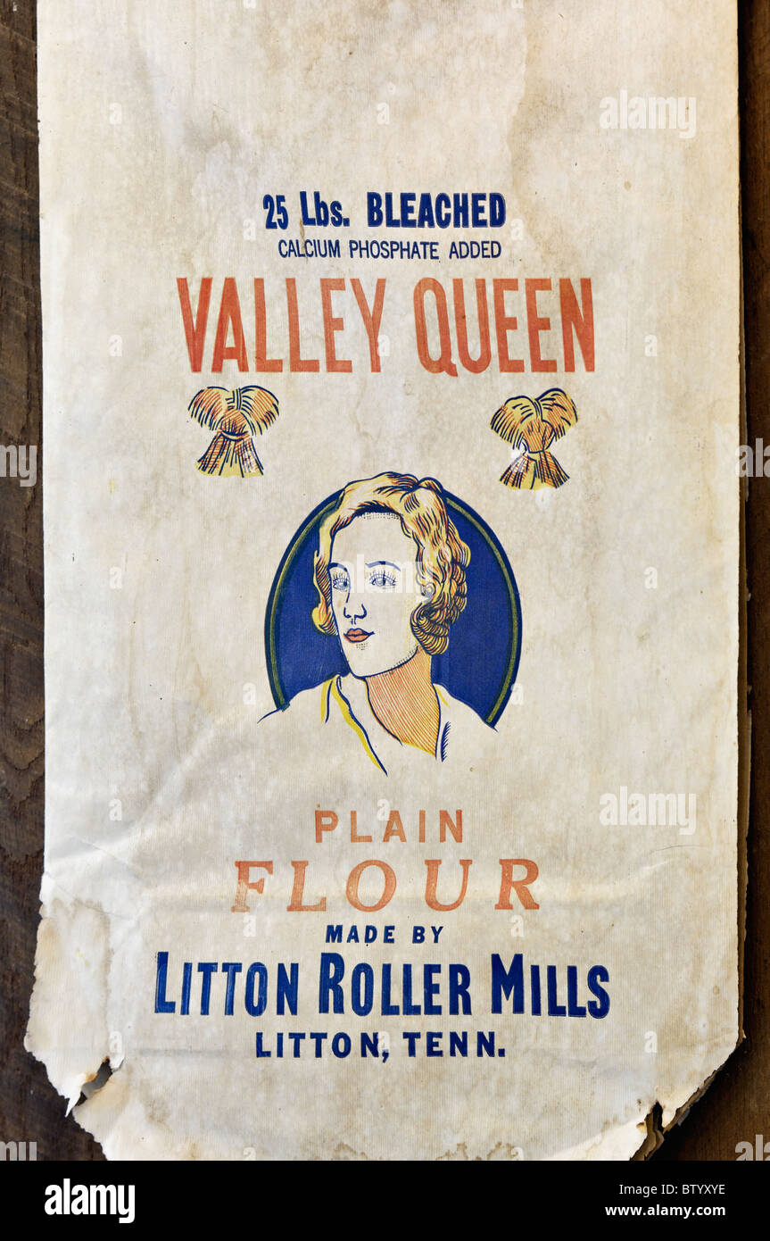 Antique Flour Bag on Display at the Rice Grist Mill at Norris Dam State Park in Anderson County, Tennessee Stock Photo