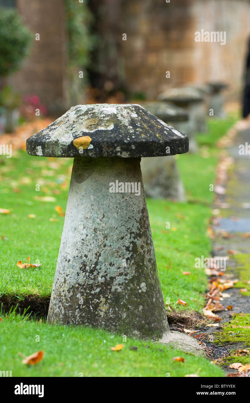 'Stone toadstools' in a row, seen in the Cotswold town of Broadway Stock Photo