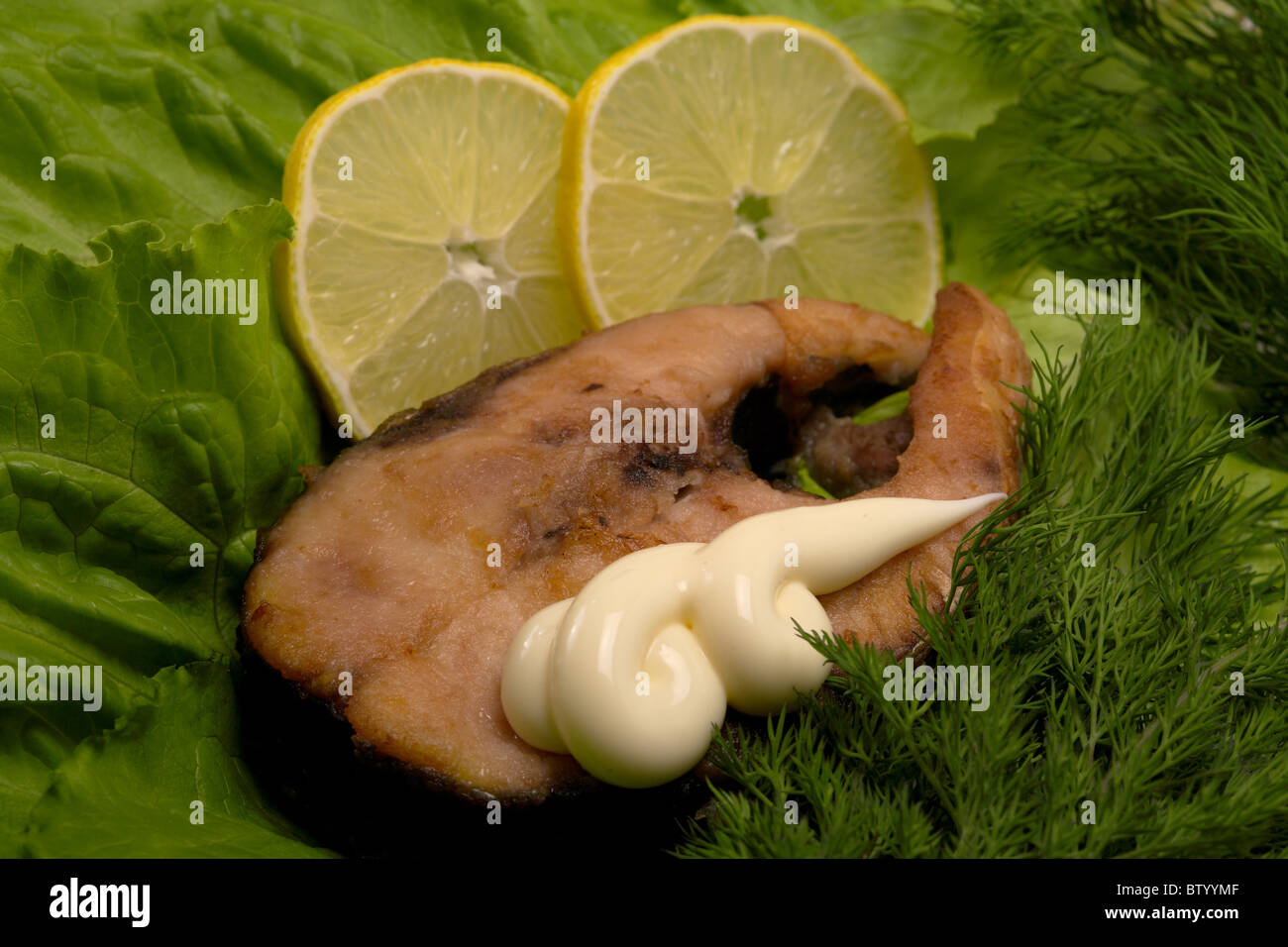 Portion of a fried fish. Served by fennel and leaves of salad. Stock Photo