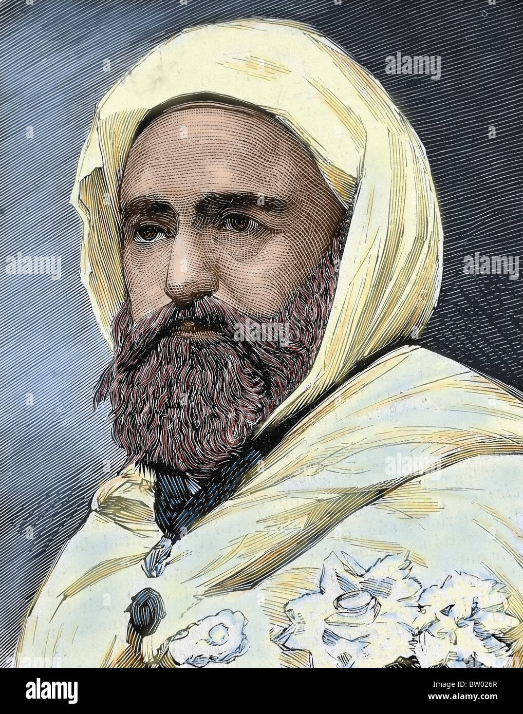 Abd al-Qadir B Muhyi al-Din al-Hasani (Abdelkader) (1808 - 1883). Algerian Leader. Engraving. Colored. Stock Photo