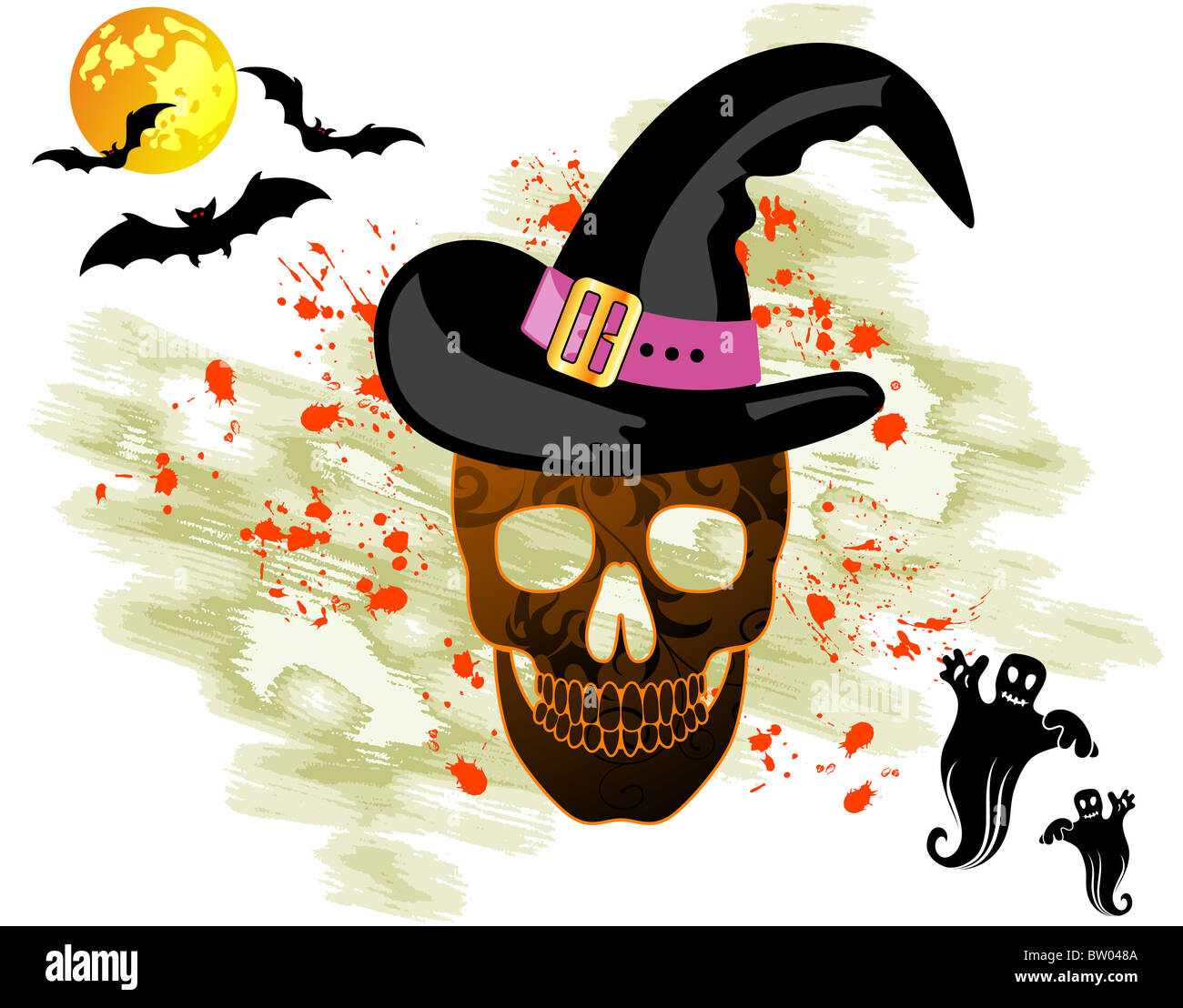 Halloween background with bats & skull, vector illustration Stock Photo ...