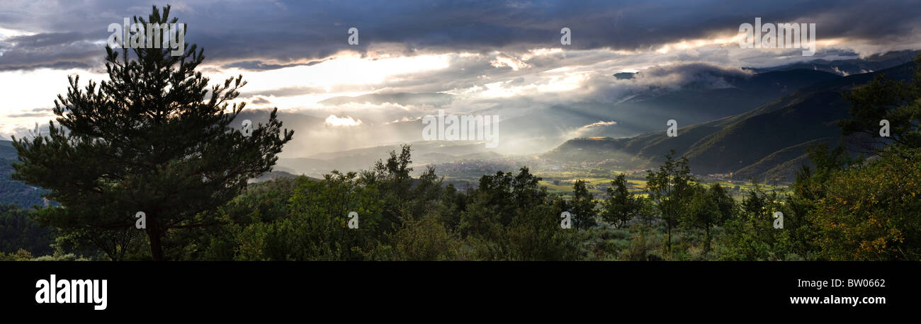 View from the village of Ortedó towards the town of La Seu d'Urgell, in the Pyrenees of Cataloñia, Spain, after a thunderstorm Stock Photo