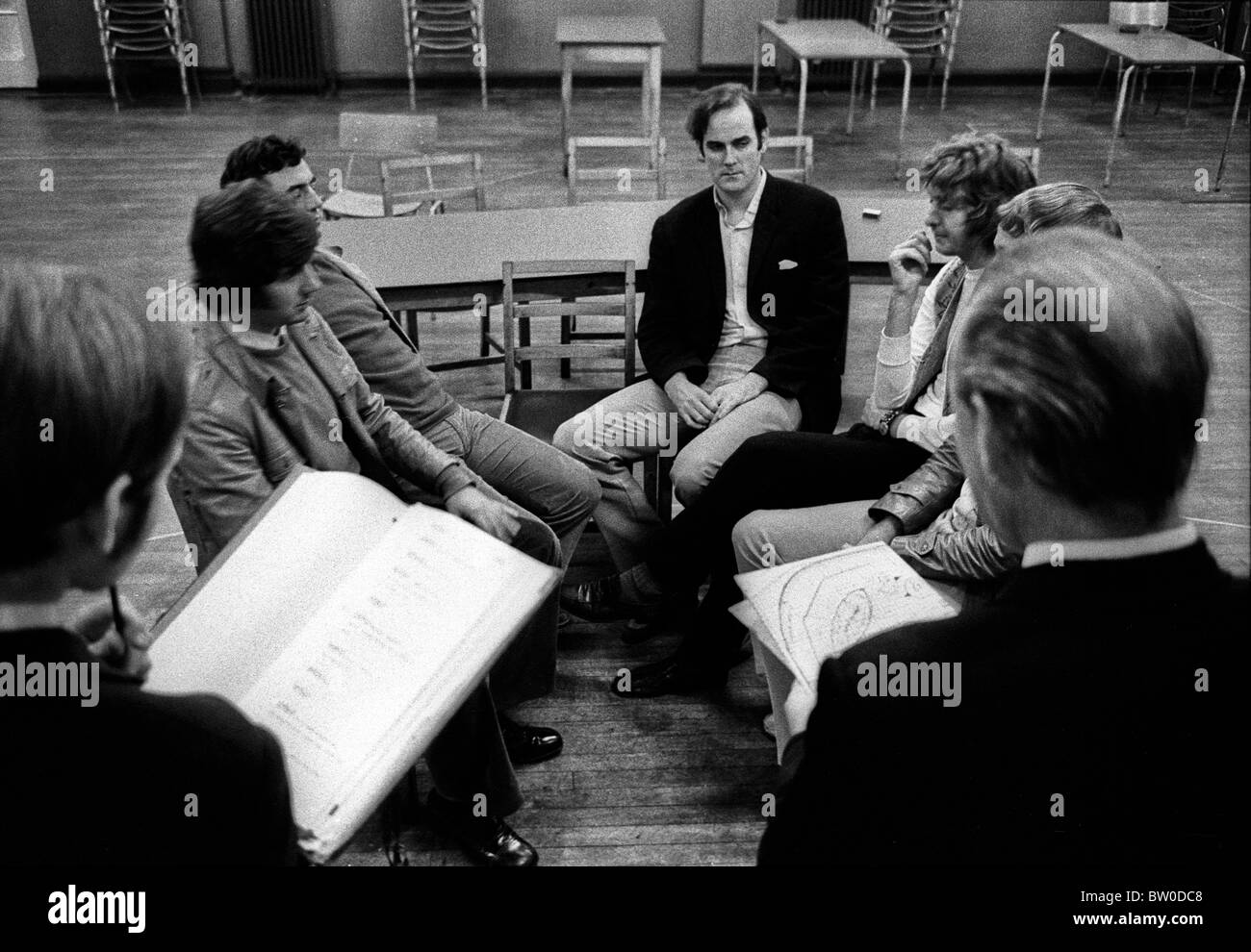 The cast of Monty Python's Flying Circus during rehearsals in Acton Working Mens Club in October 1970 Stock Photo