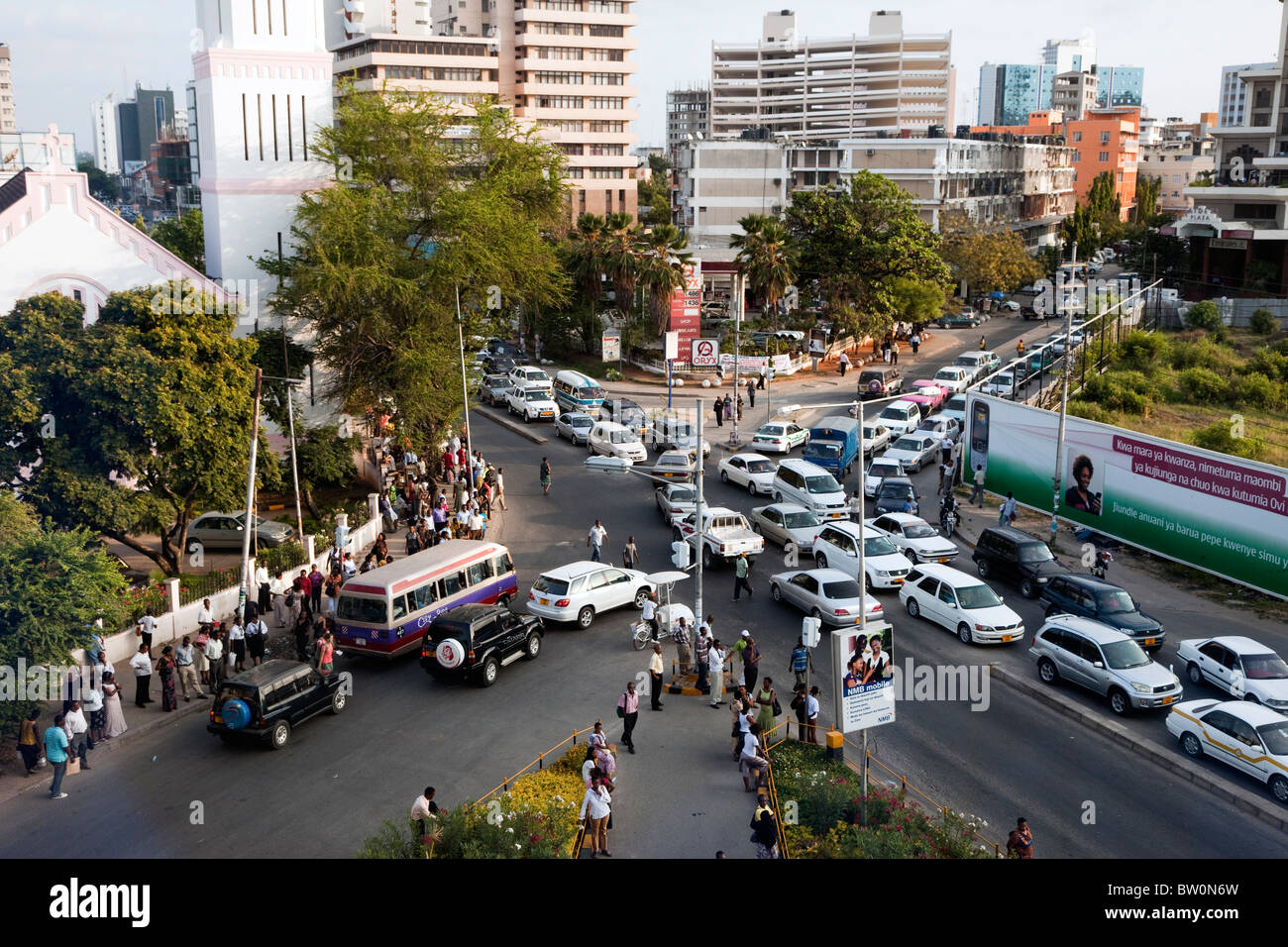 Dar es Salaam, Tanzania. Traffic at Corner of Azikiwe and India Streets. Stock Photo
