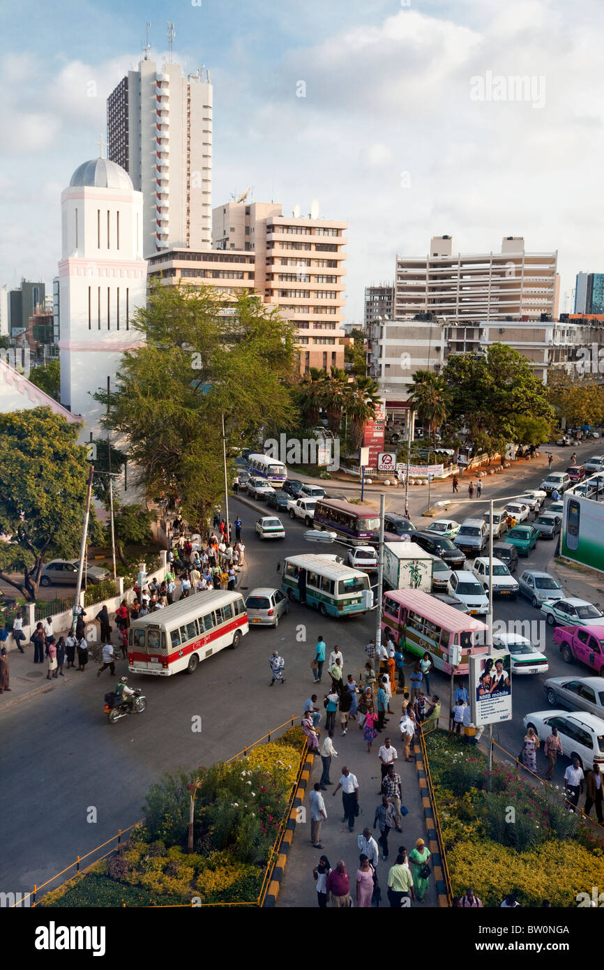 Dar es Salaam, Tanzania. Traffic at Corner of Azikiwe and India Streets. St. Alban's Anglican Church on left. Stock Photo
