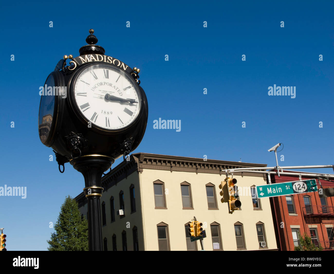 Town Square Clock, Main Street, Madison, NJ, USA Stock Photo