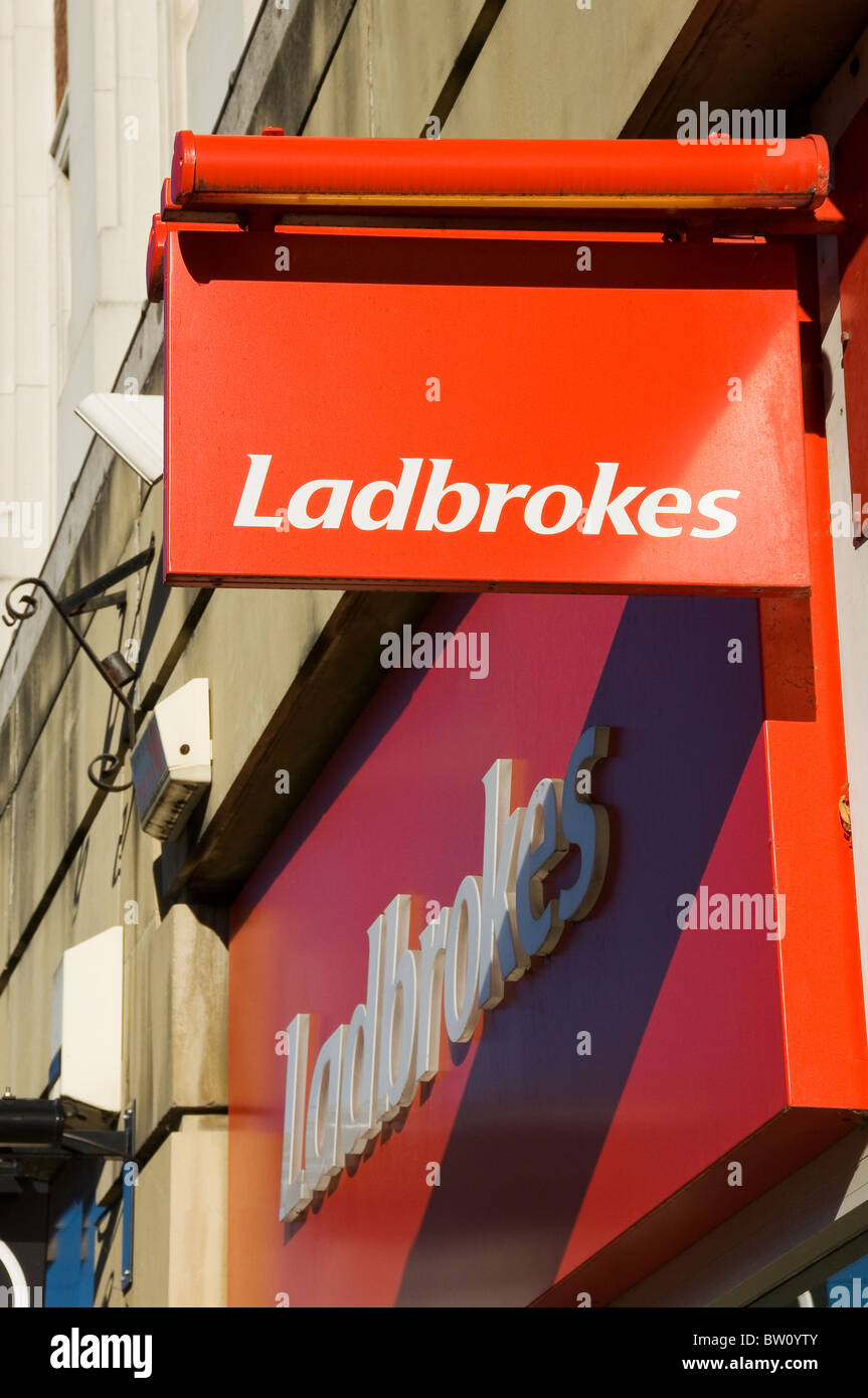 Close up of Ladbrokes betting shop bookies sign England UK United Kingdom GB Great Britain Stock Photo