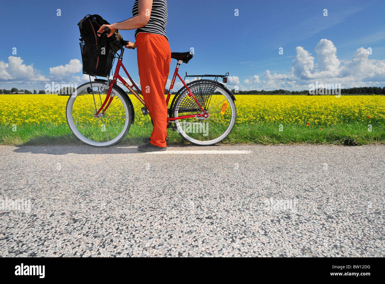 Woman with bicycle watching landscape, Östergötland, Sweden Stock Photo