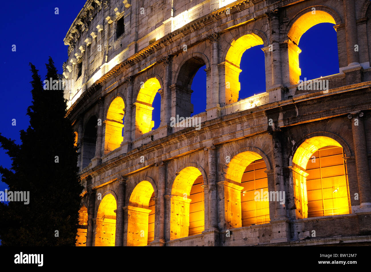 Colosseum at night, cross section showing all four levels at night with cypress tree Stock Photo