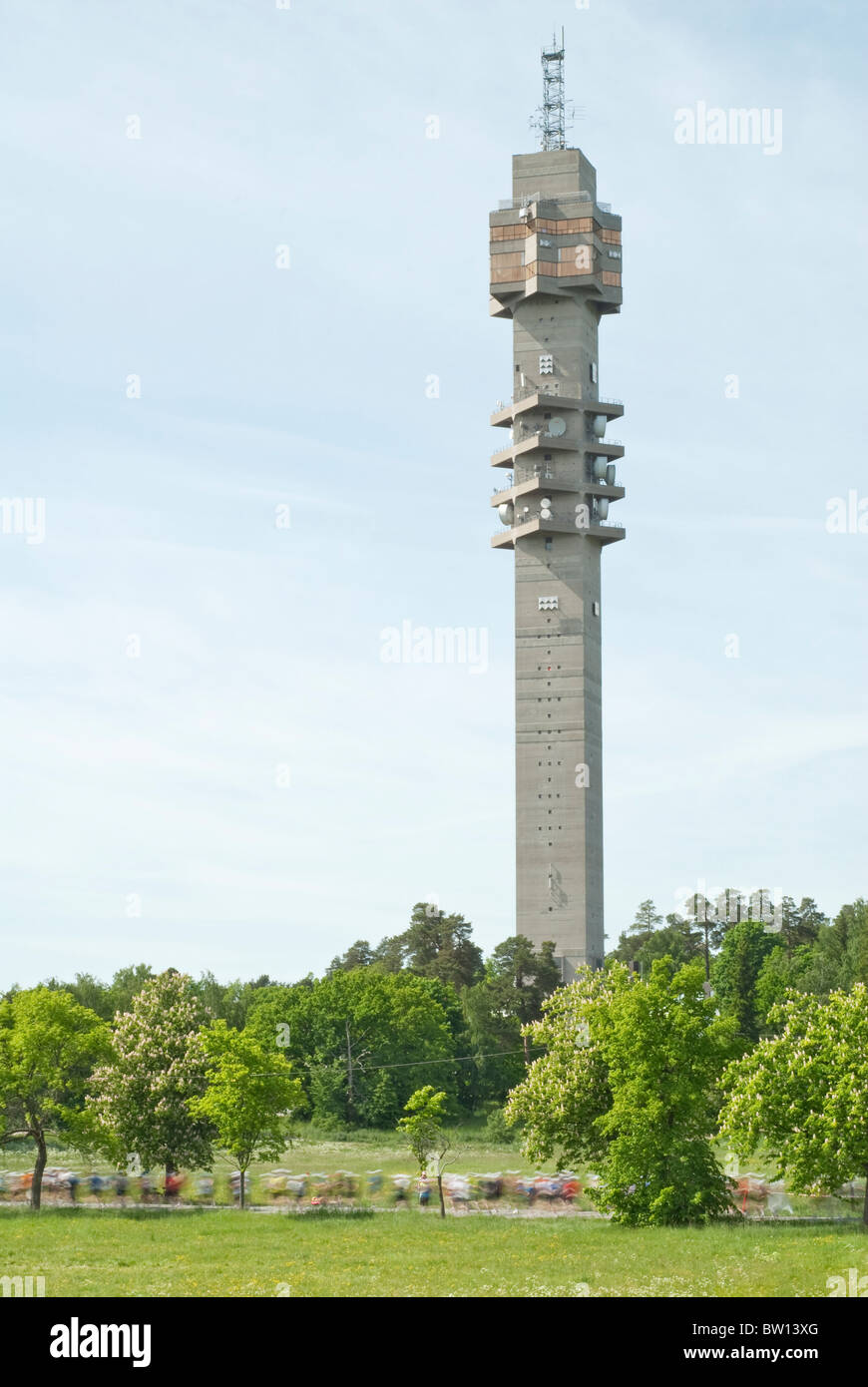 Runners at Stockholm Marathon with communication tower Kaknästornet in the background, Djurgården, Stockholm, Sweden Stock Photo