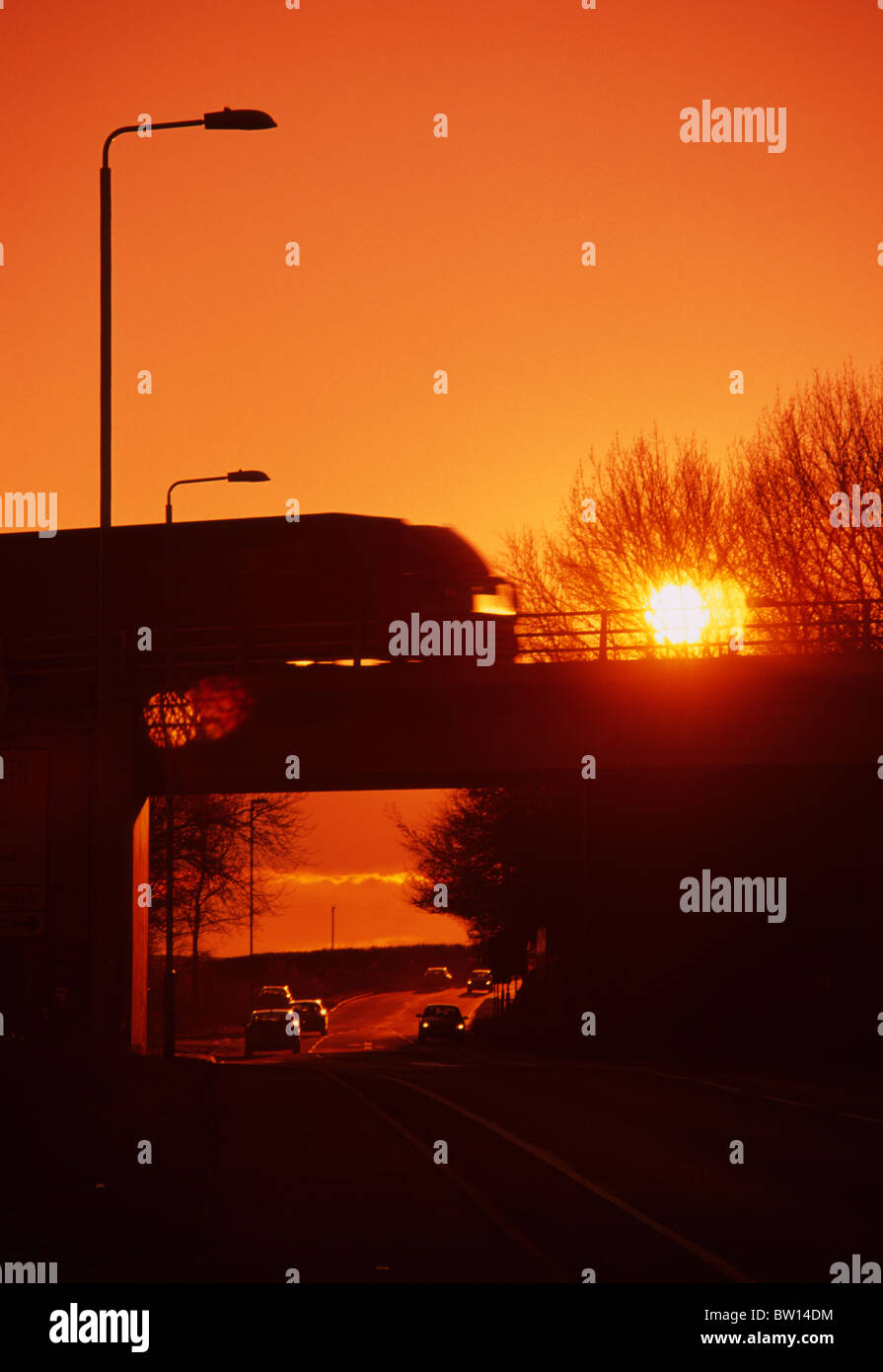 lorry travelling on the a1 m1 motorway at sunset leeds yorkshire uk Stock Photo