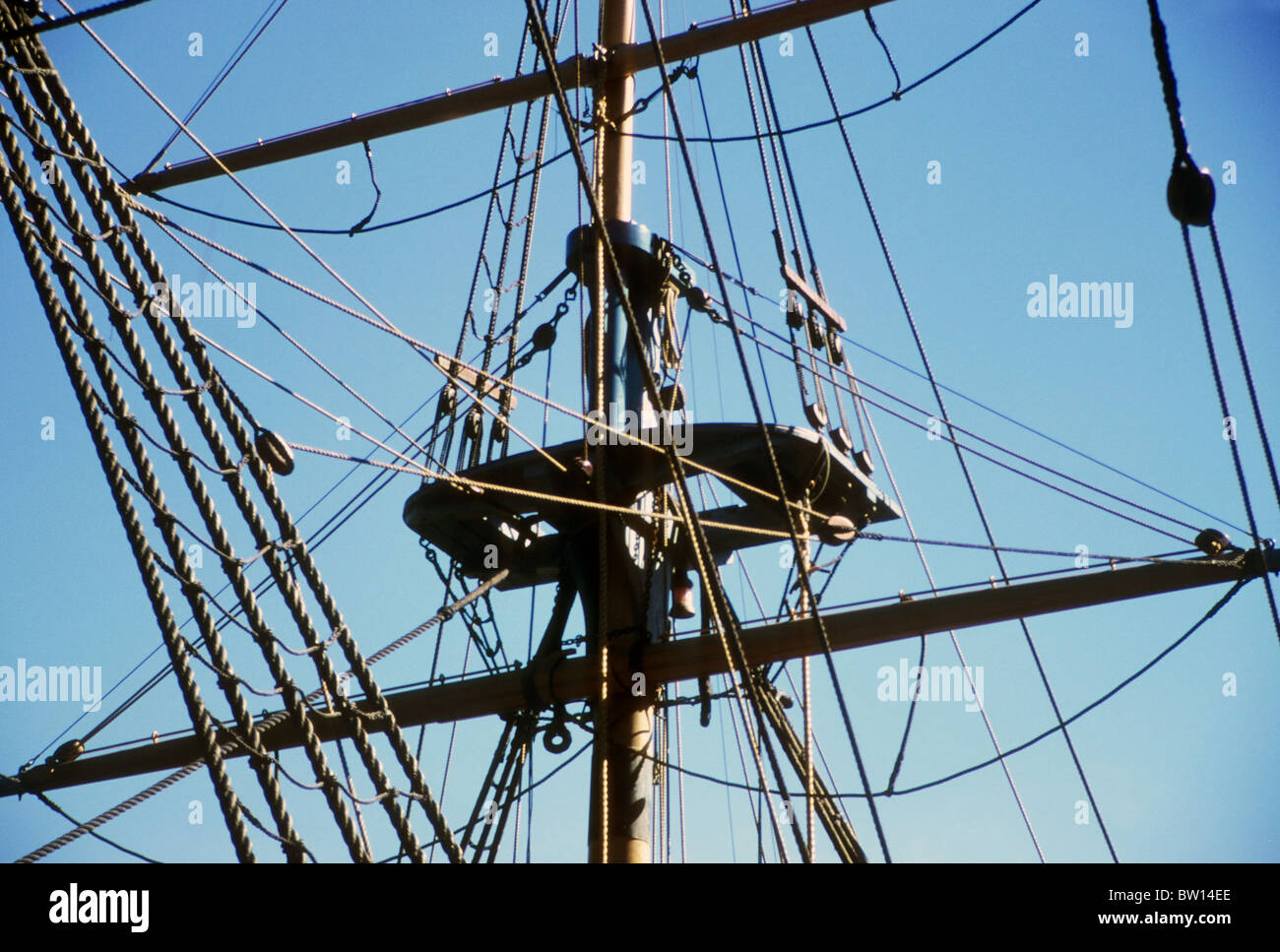 ship mast crows nest rope sail high tall lookout ocean sea boat wood ...