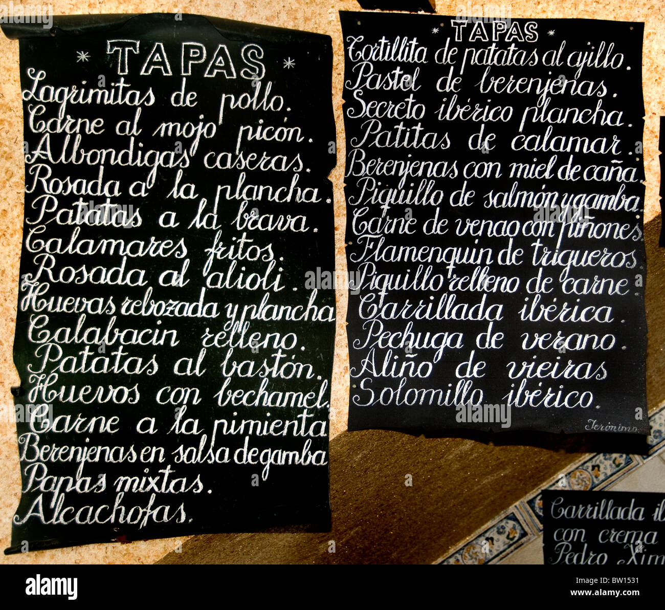 Spanish Spain Menu Tapa Tapas Restaurant  bar pub Antequera Stock Photo