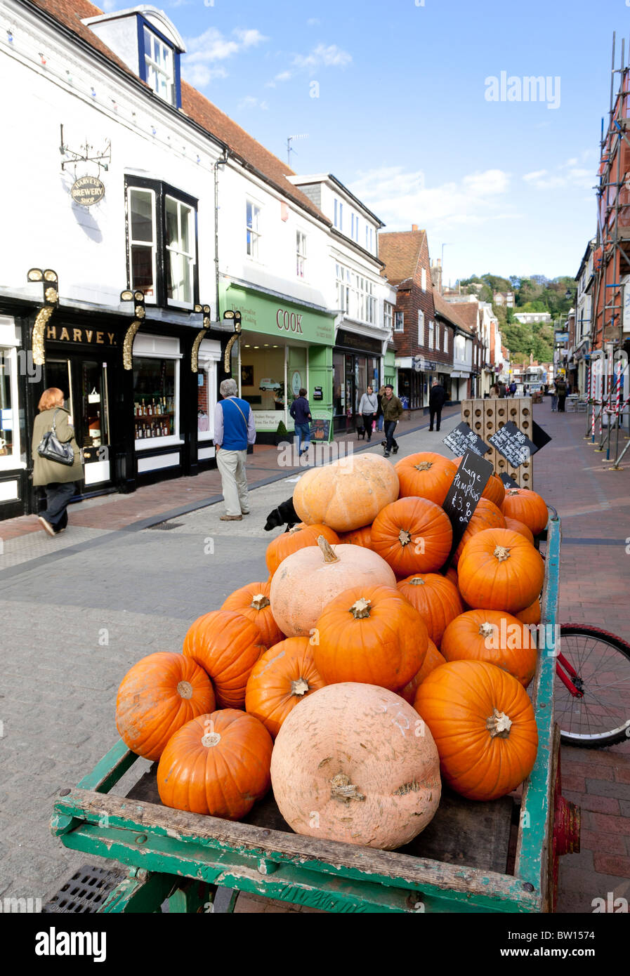 Street scene in Cliffe High Street Lewes, Sussex in Autumn with pumpkins on display Stock Photo