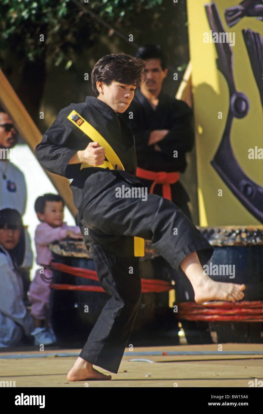 Karate dojo demonstration sport exercise leap jump kick exercise