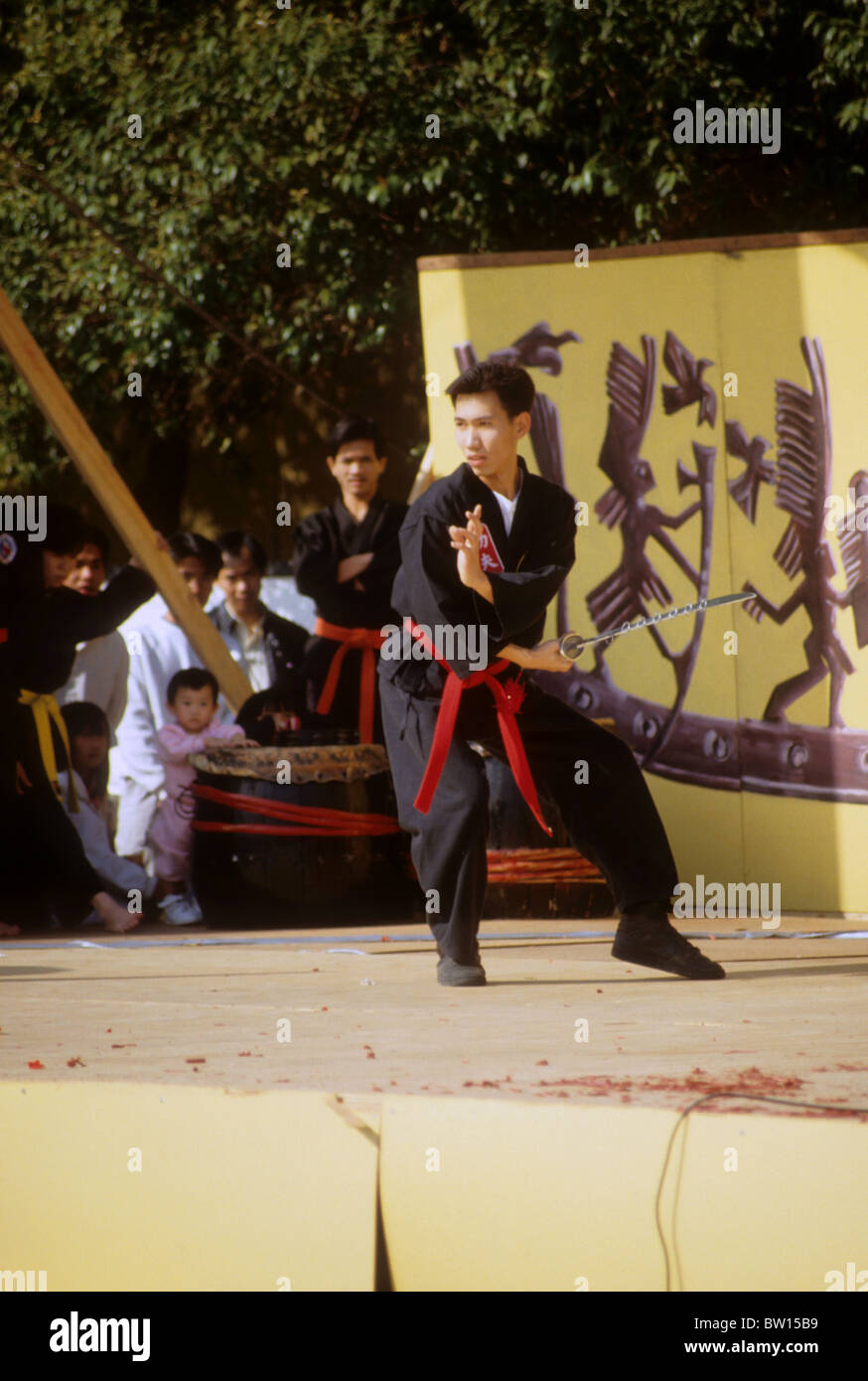 Karate dojo demonstration sport exercise leap jump kick exercise