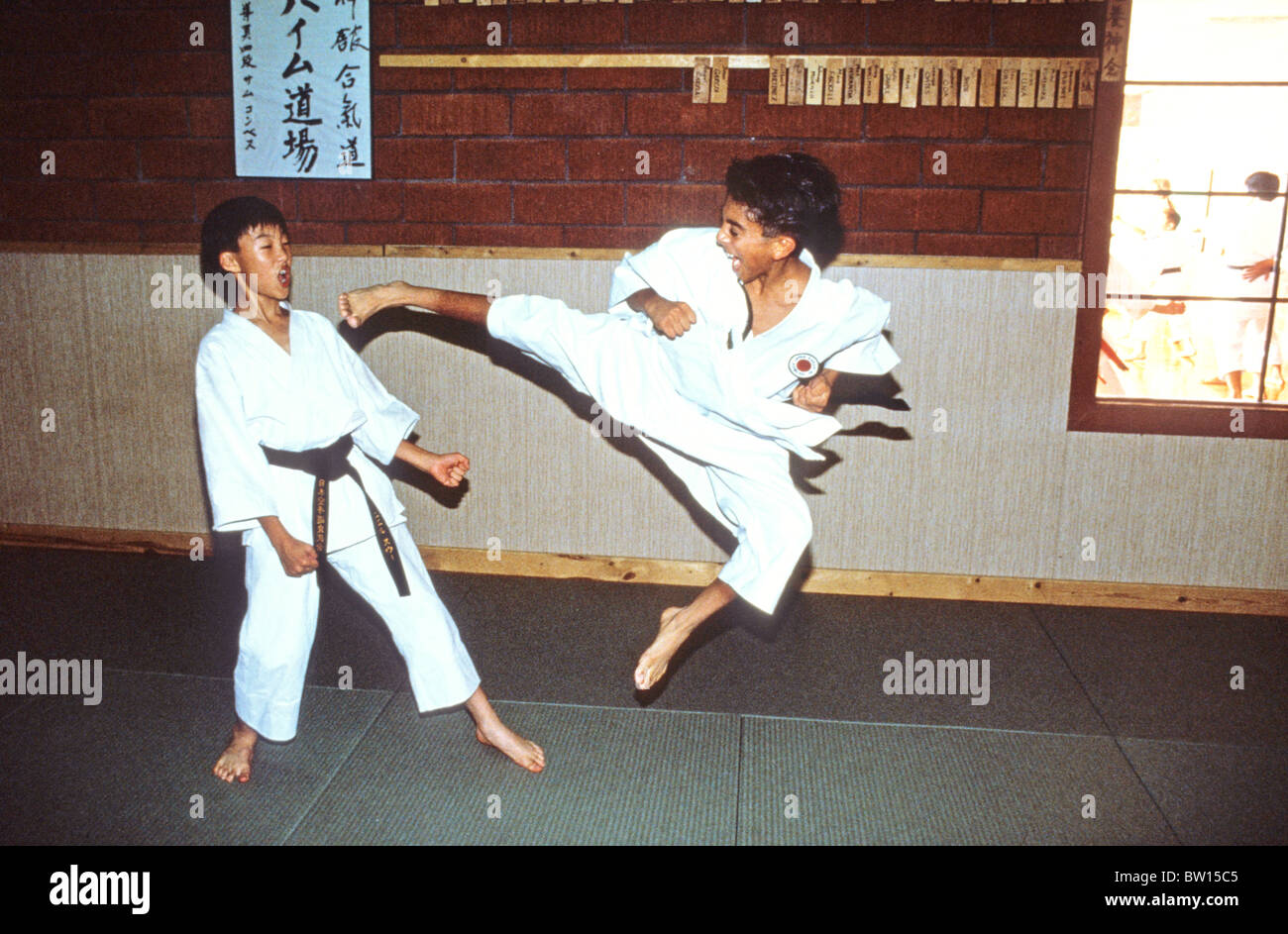 Karate dojo demonstration sport exercise leap jump kick exercise