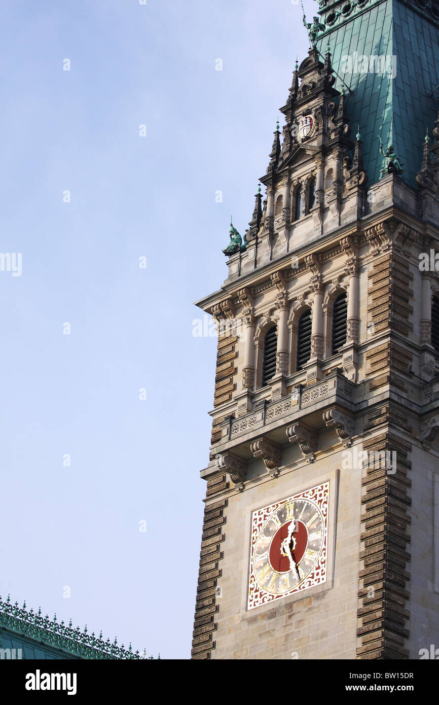 Tight shot of the Hamburg Rathaus, in central Hamburg, where the clock can be seen. Stock Photo