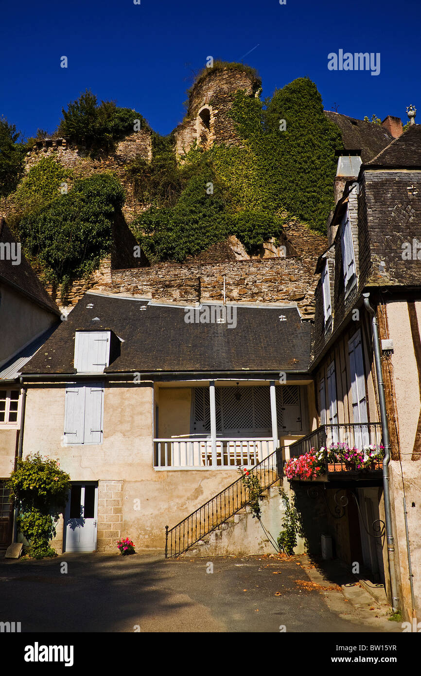 Chateau ruins in the medieval village of Segúr le Châteaux Limousin France Stock Photo