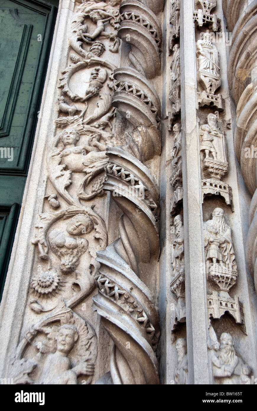 the twists of a facade scroll on the front of San Fortunato, Todi Stock Photo