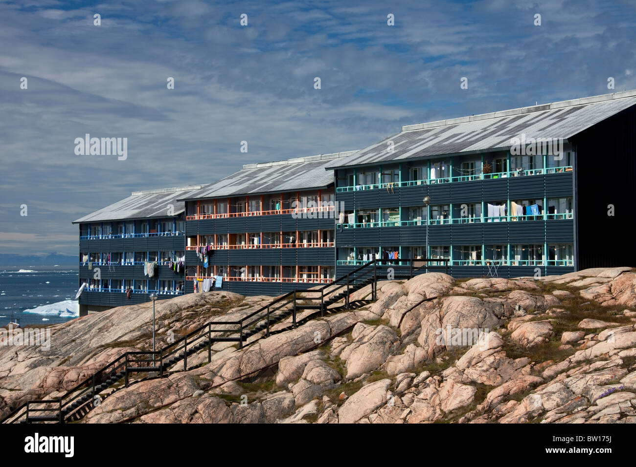 Houses at the town Ilulissat / Jakobshavn, Disko-Bay, Greenland Stock Photo