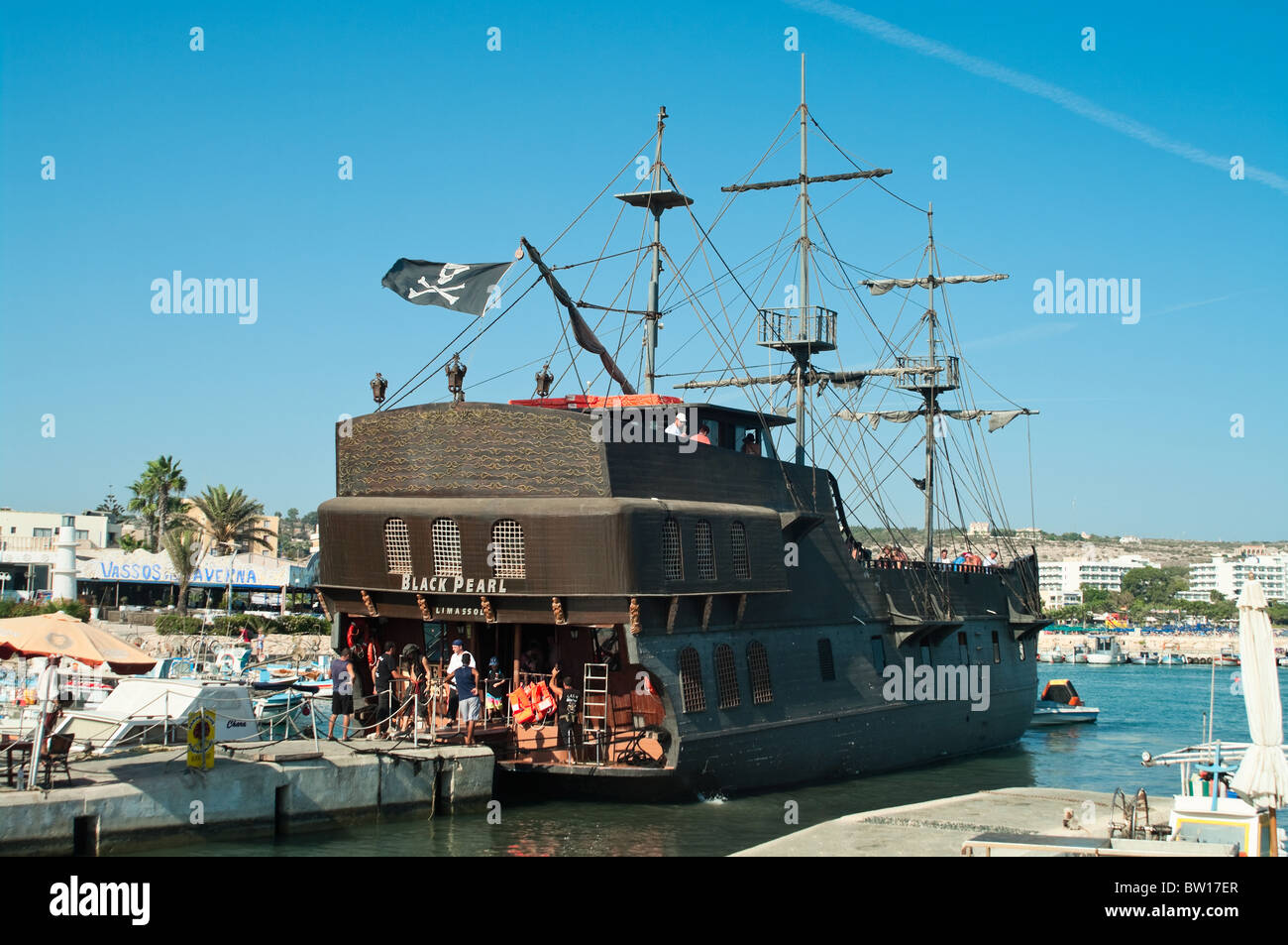 Ship the Black Pearl from film the Pirates of the Caribbean in Agia-Napa, Cyprus harbor. Mediterranean, Cyprus, Europe Stock Photo