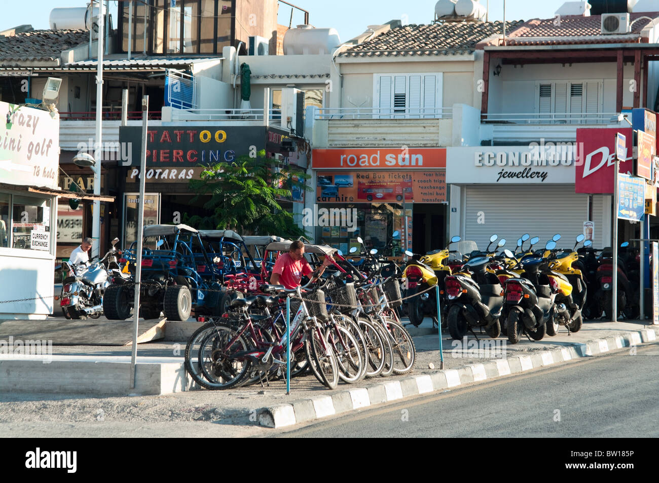 Bicycles, scooters and buggies for hire on parking, Protaras. Cyprus