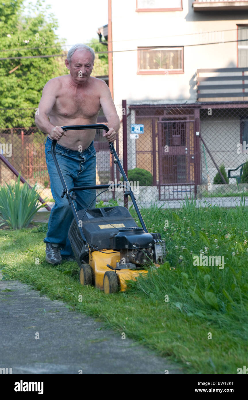 man cutting the grass with the mower Stock Photo - Alamy