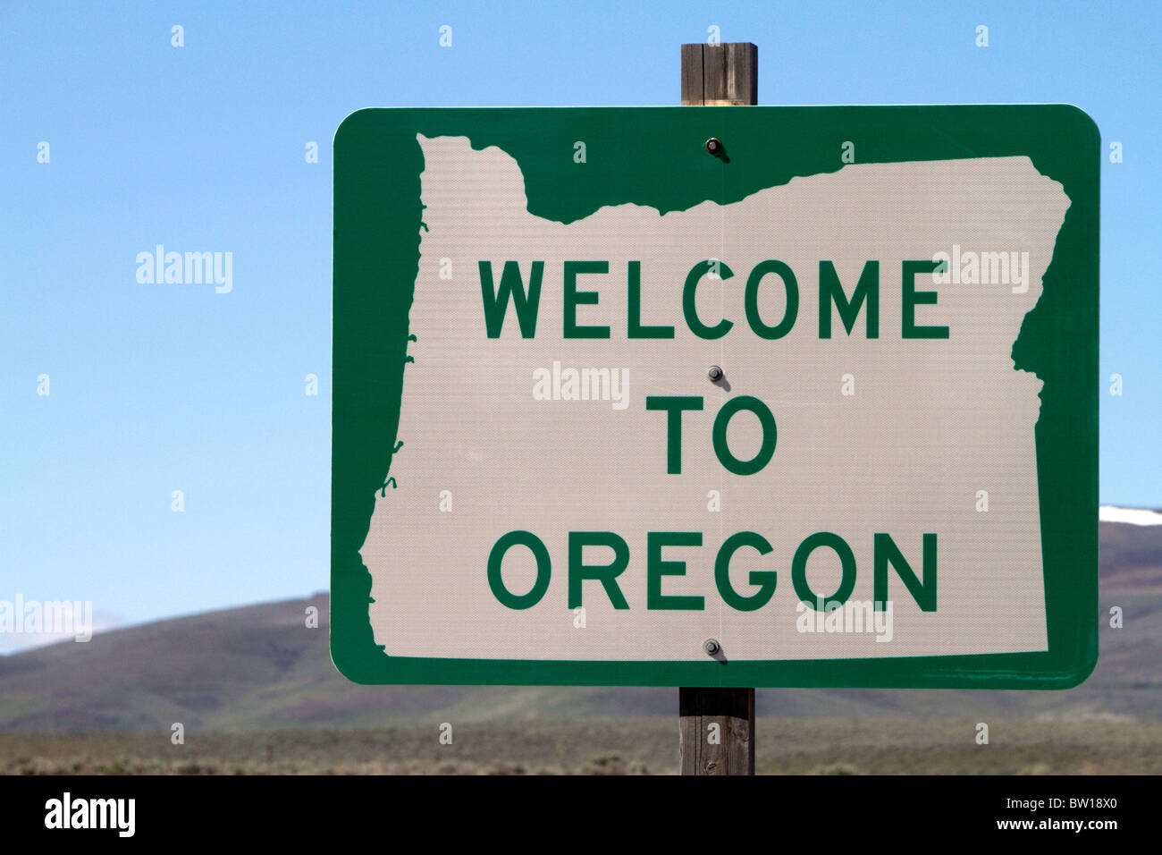 Welcome to Oregon road sign along U.S. Highway 95 at the Idaho/Oregon state border, USA. Stock Photo